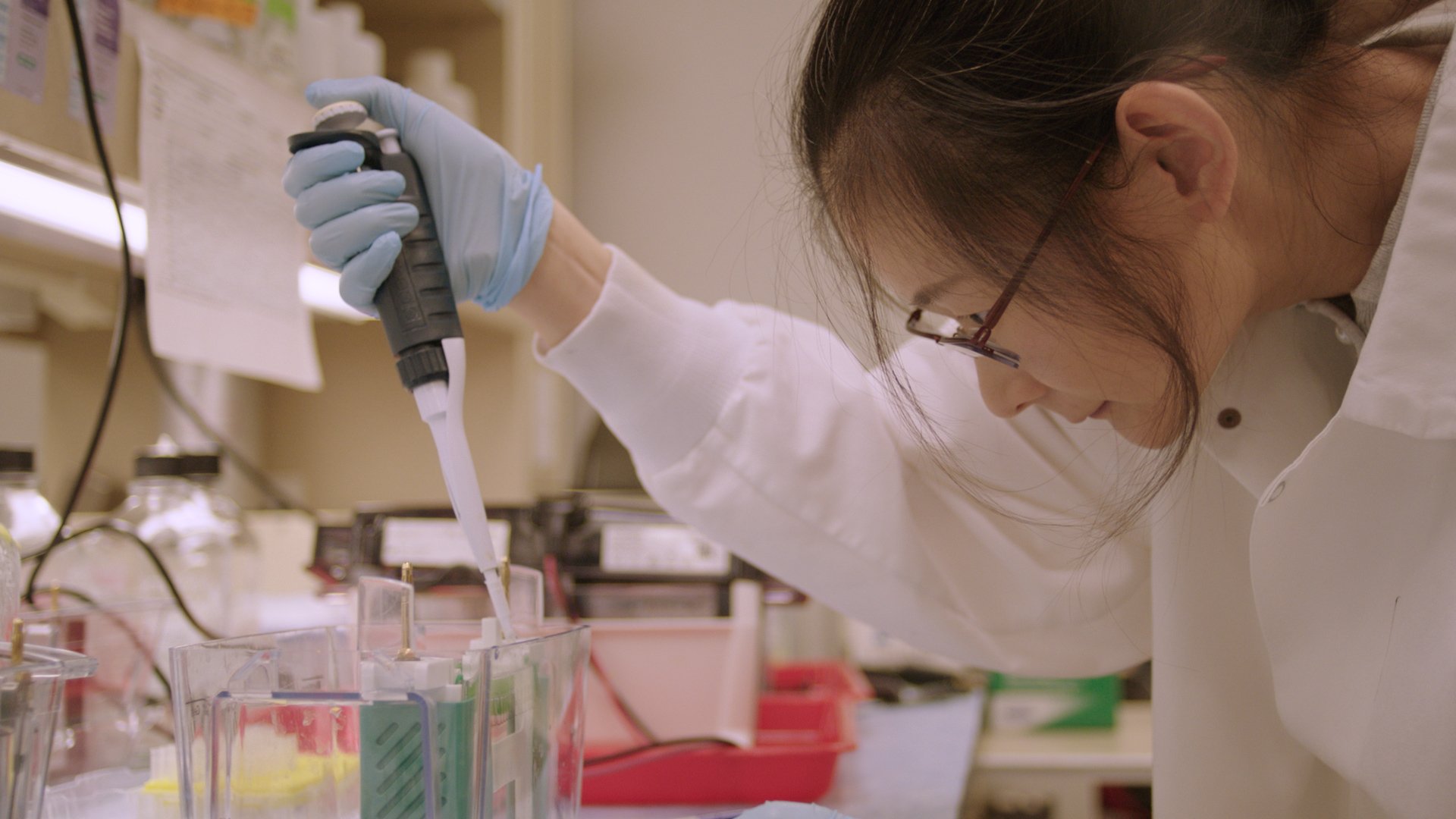 Researcher looking closely as she pipettes